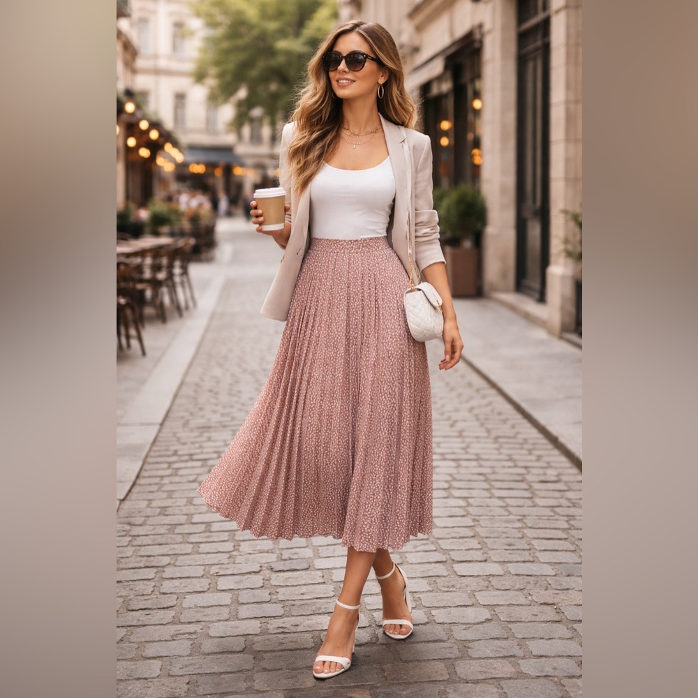 Max Studio Women's Mauve & White Polka Dot Pleated Full Midi Skirt L